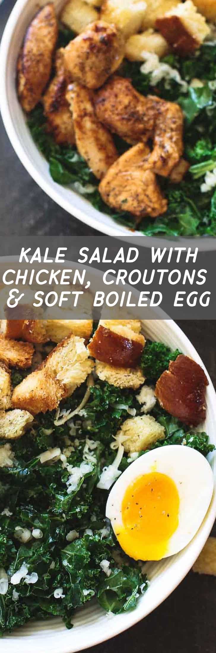Kale Salad with Chicken, Croutons and Soft Boiled Eggs is packed with protein (24 grams if anyone’s counting), light enough for lunch with only 360 calories and filling enough for dinner. And full of so much flavor you’ll want it for both!