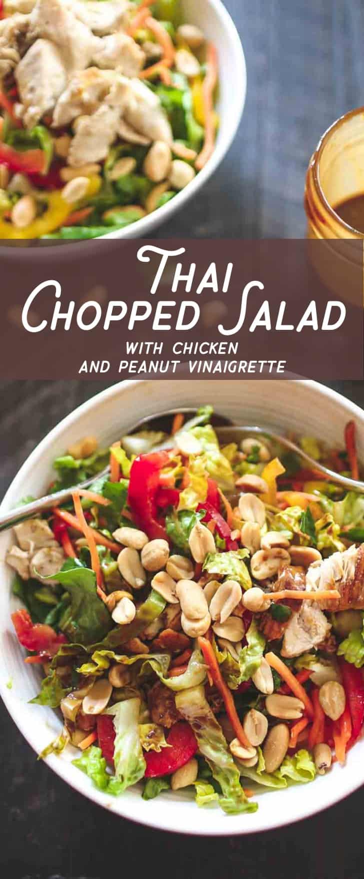 Thai Chopped Chicken Salad- With a rainbow of crunch from peppers and peanuts, protein from tender shredded chicken, and a bit of sweet spice from peanut dressing, this salad is gluten-free and only 350 calories per serving.
