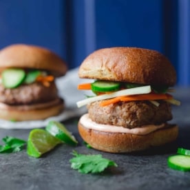 burgers on a grey countertop