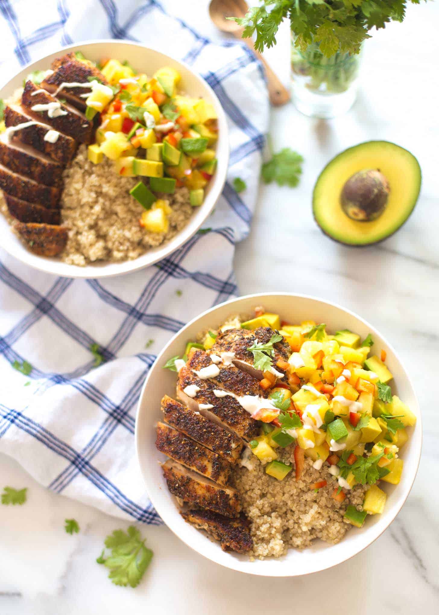 Caribbean Chicken and Quinoa Bowls on a white countertop