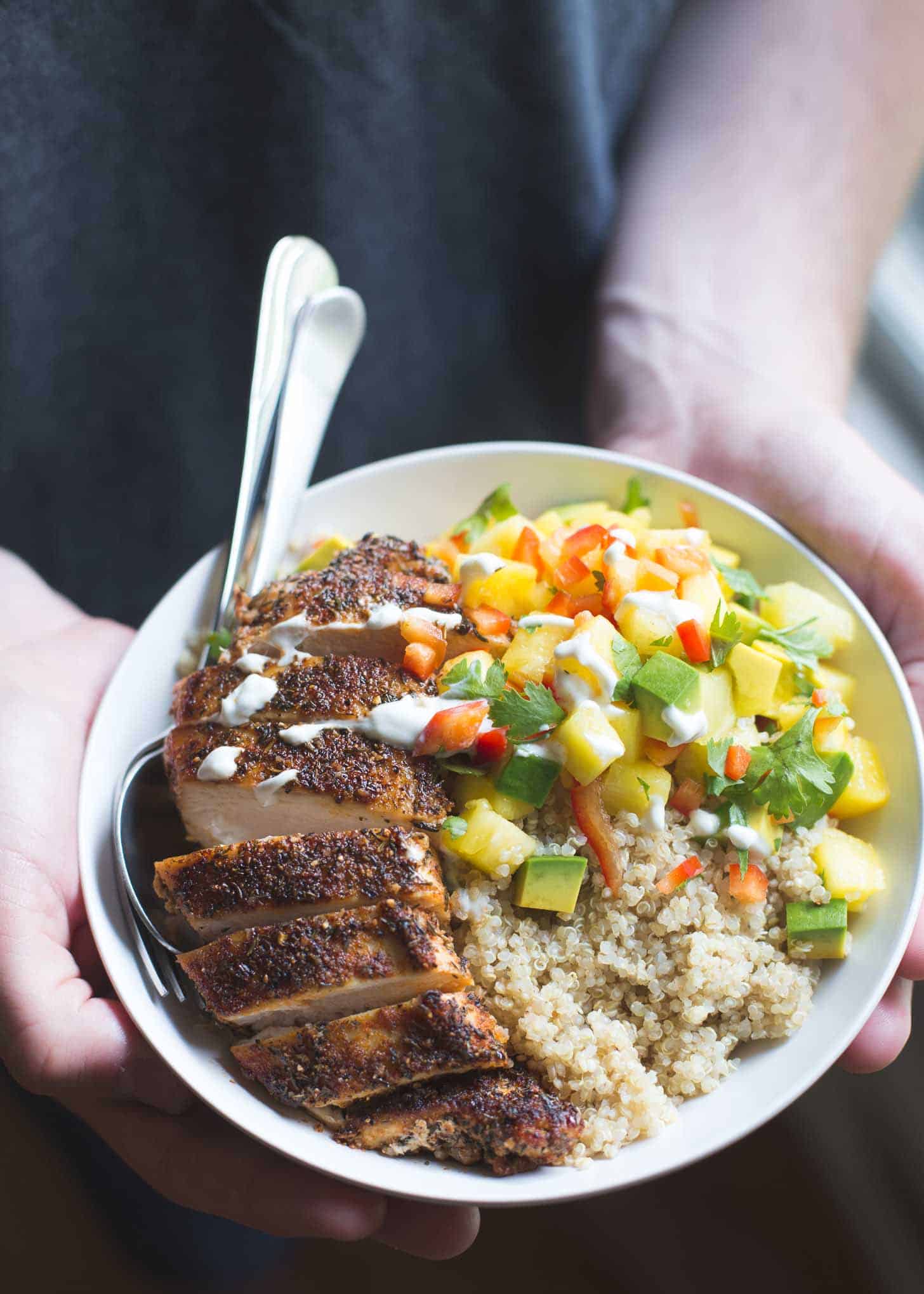 Caribbean Chicken and Quinoa in a white bowl