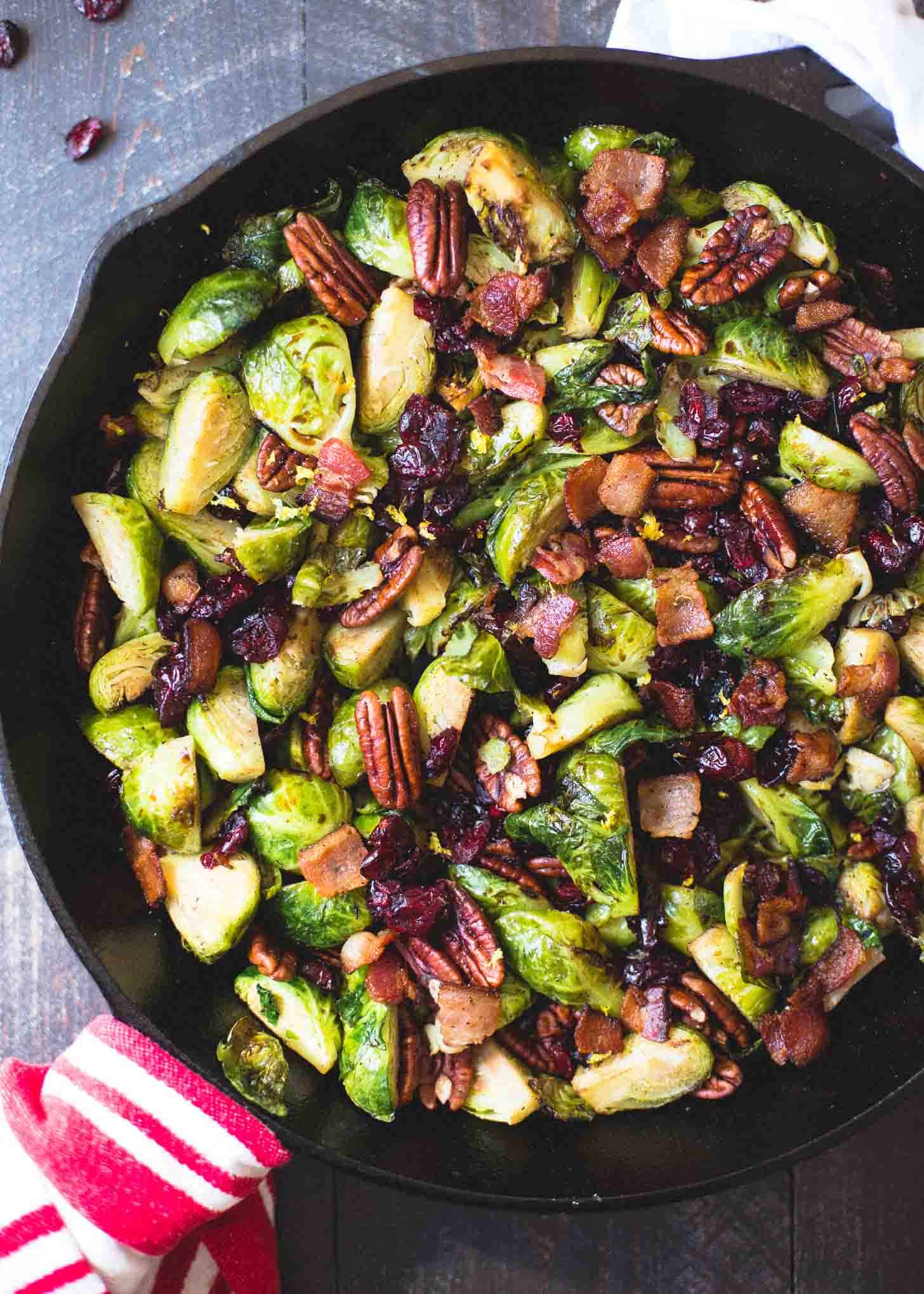 Balsamic Brussels Sprouts in a cast iron skillet