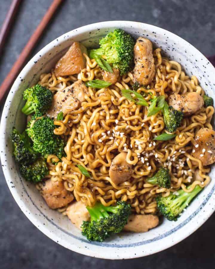 Chicken Ramen Stir Fry in a white bowl