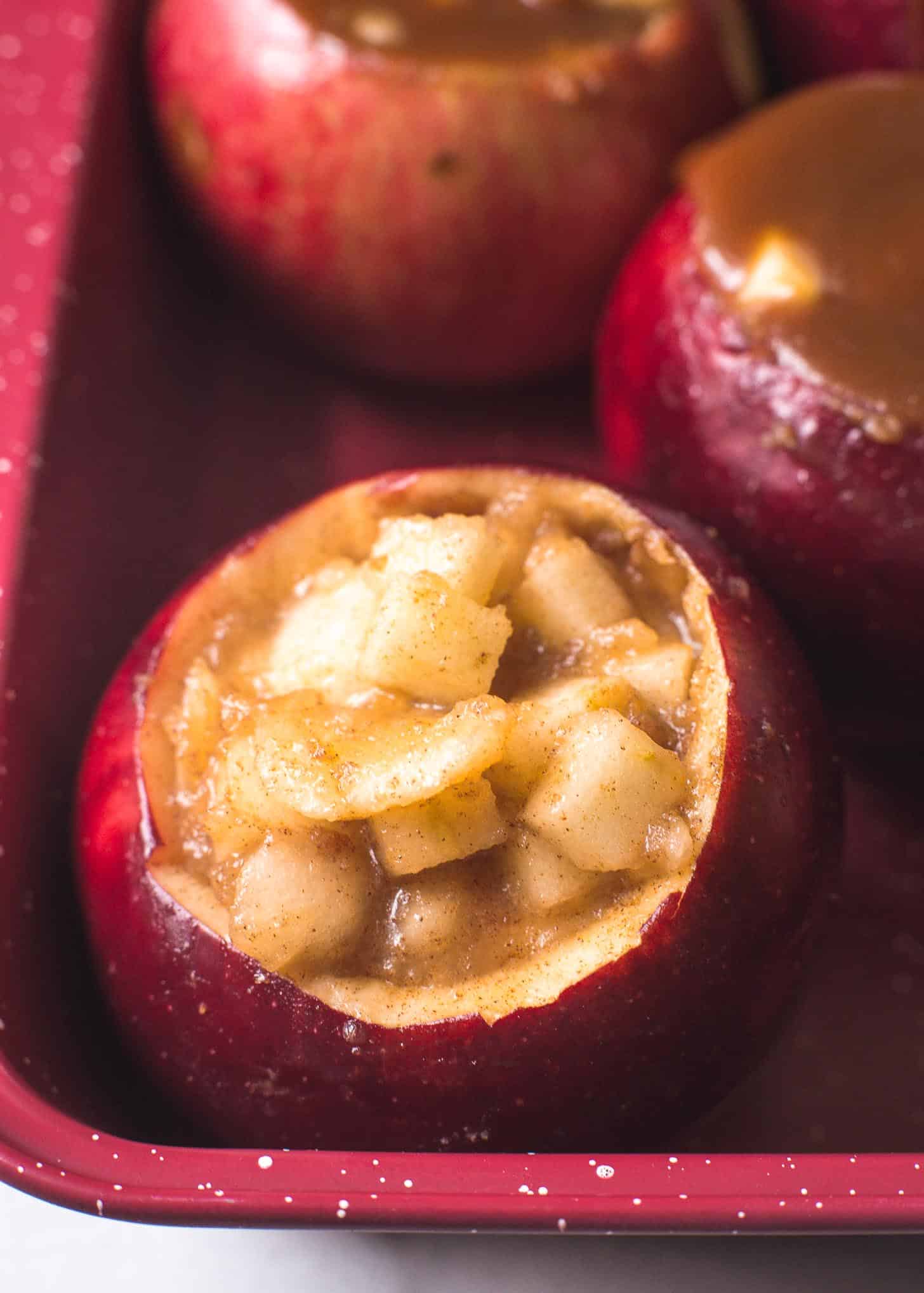 Caramel Apple Pie Baked Apple in a red baking dish