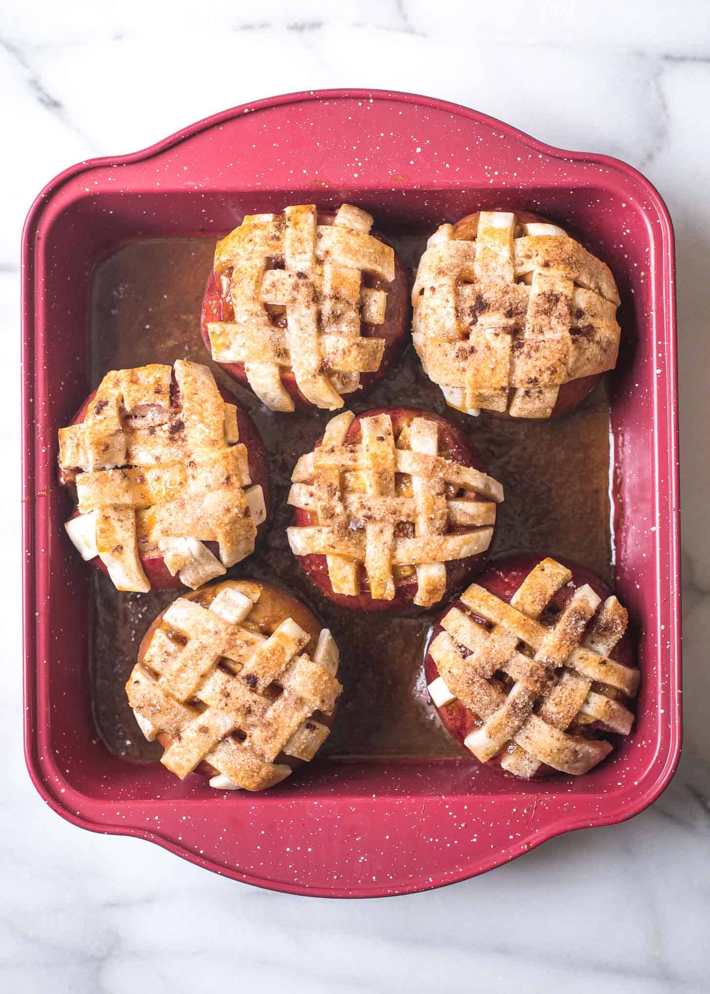 Caramel Apple Pie Baked Apples in a red baking dish