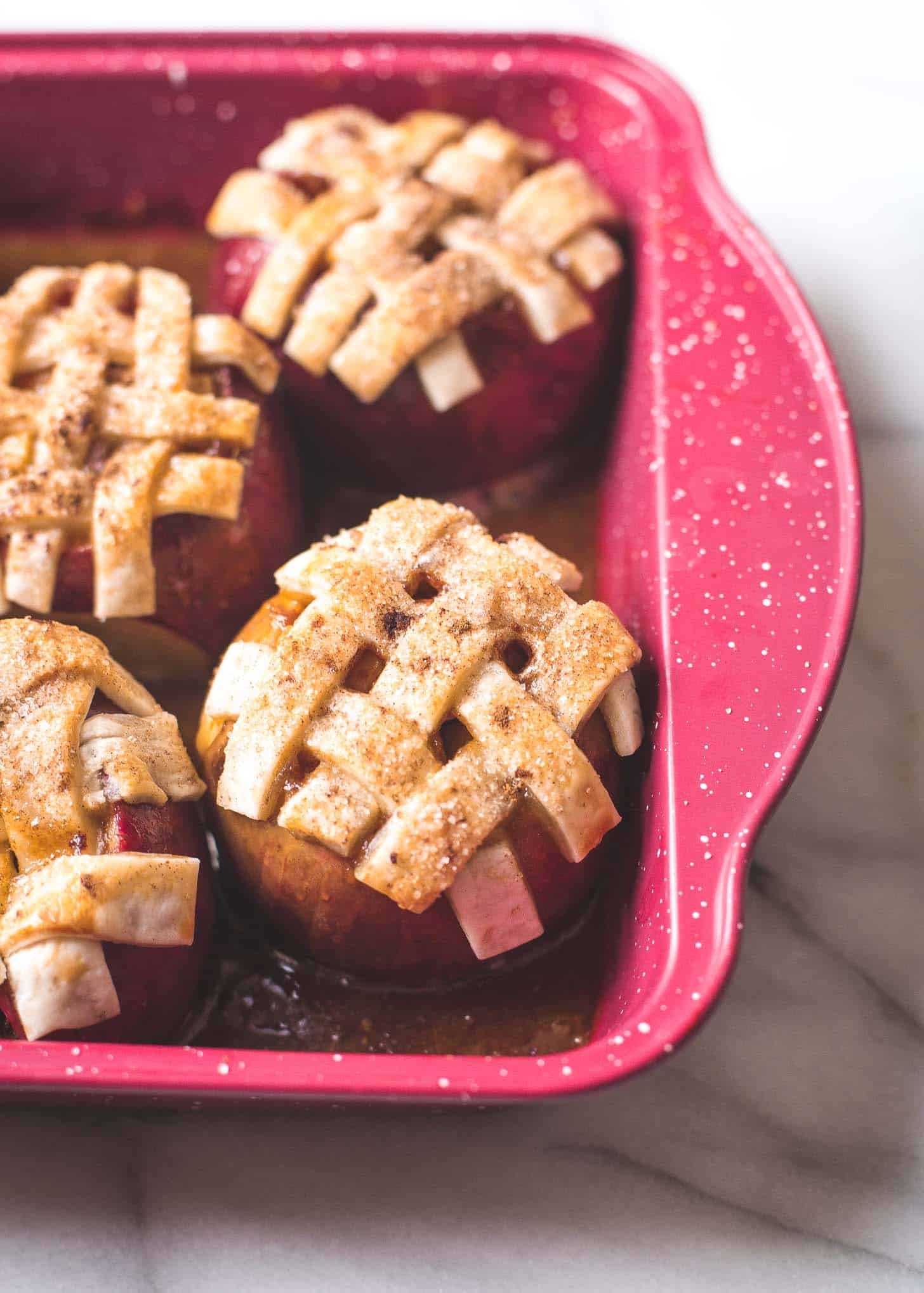 Caramel Apple Pie Baked Apples in a red baking dish