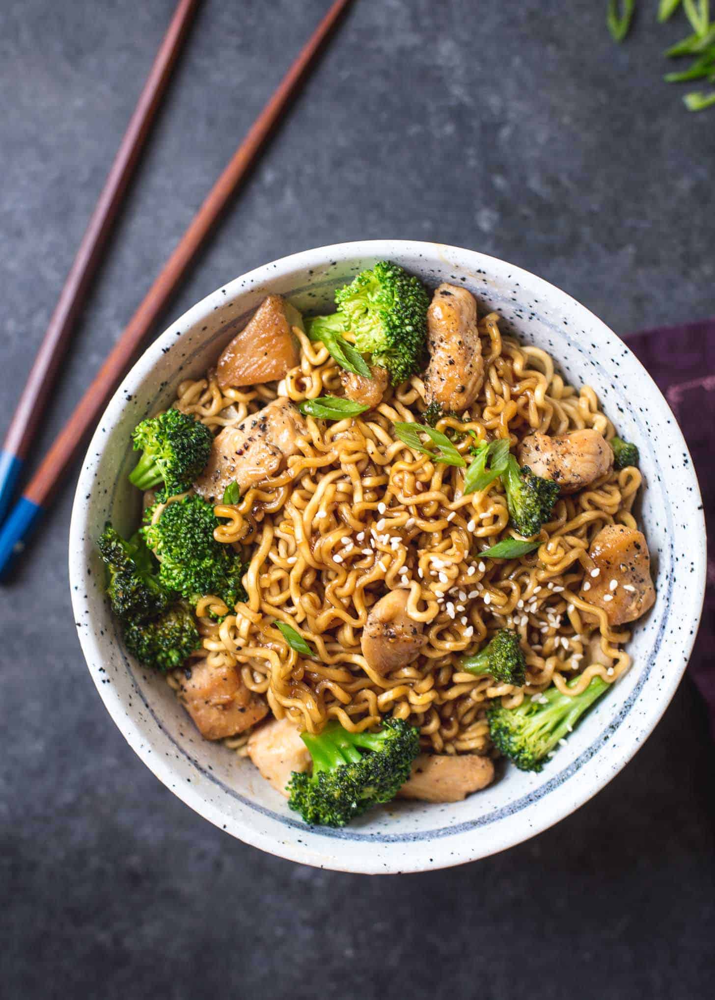 Chicken Ramen Stir-Fry in a bowl with chopsticks