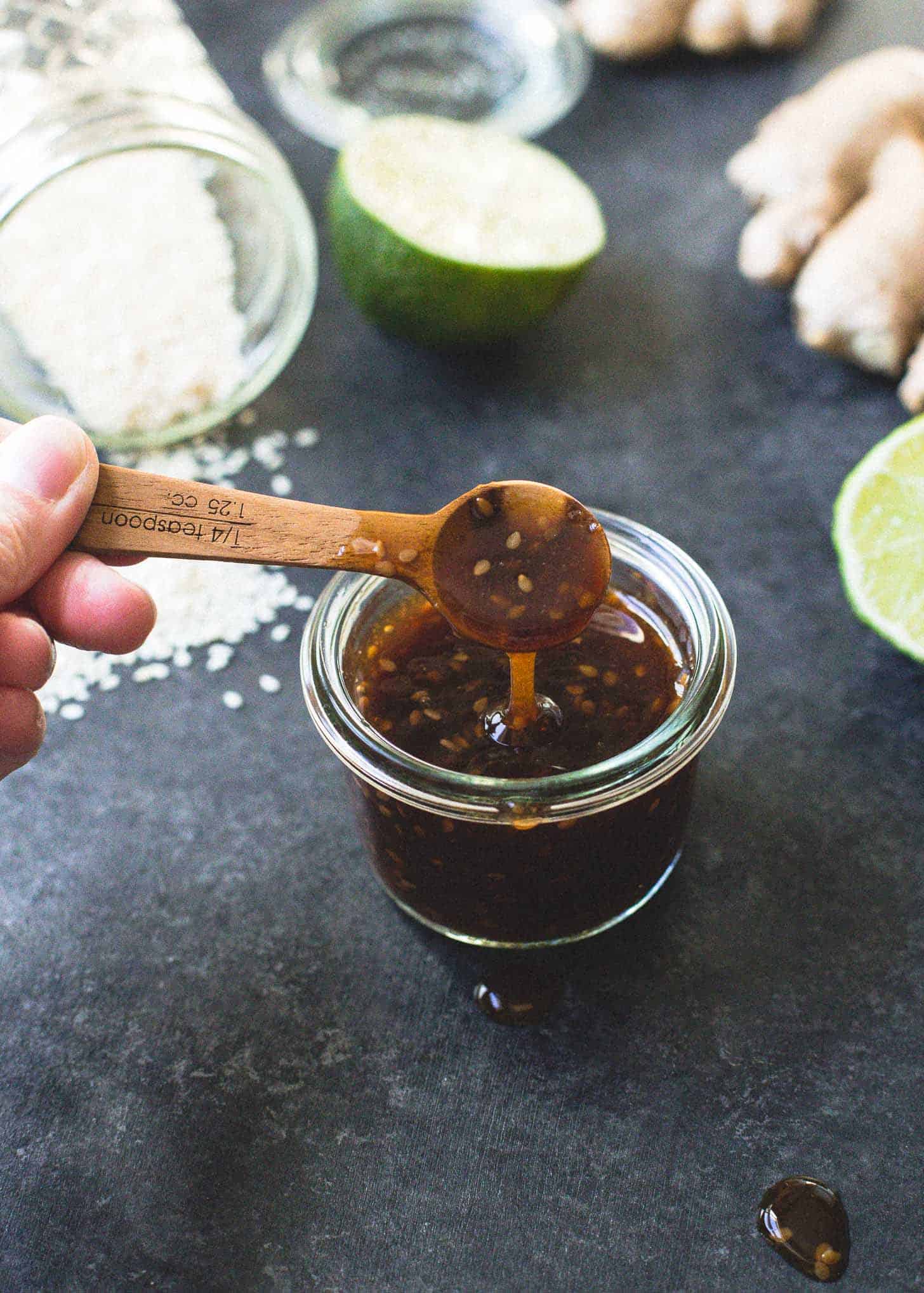 sesame ginger vinaigrette in a small glass bowl