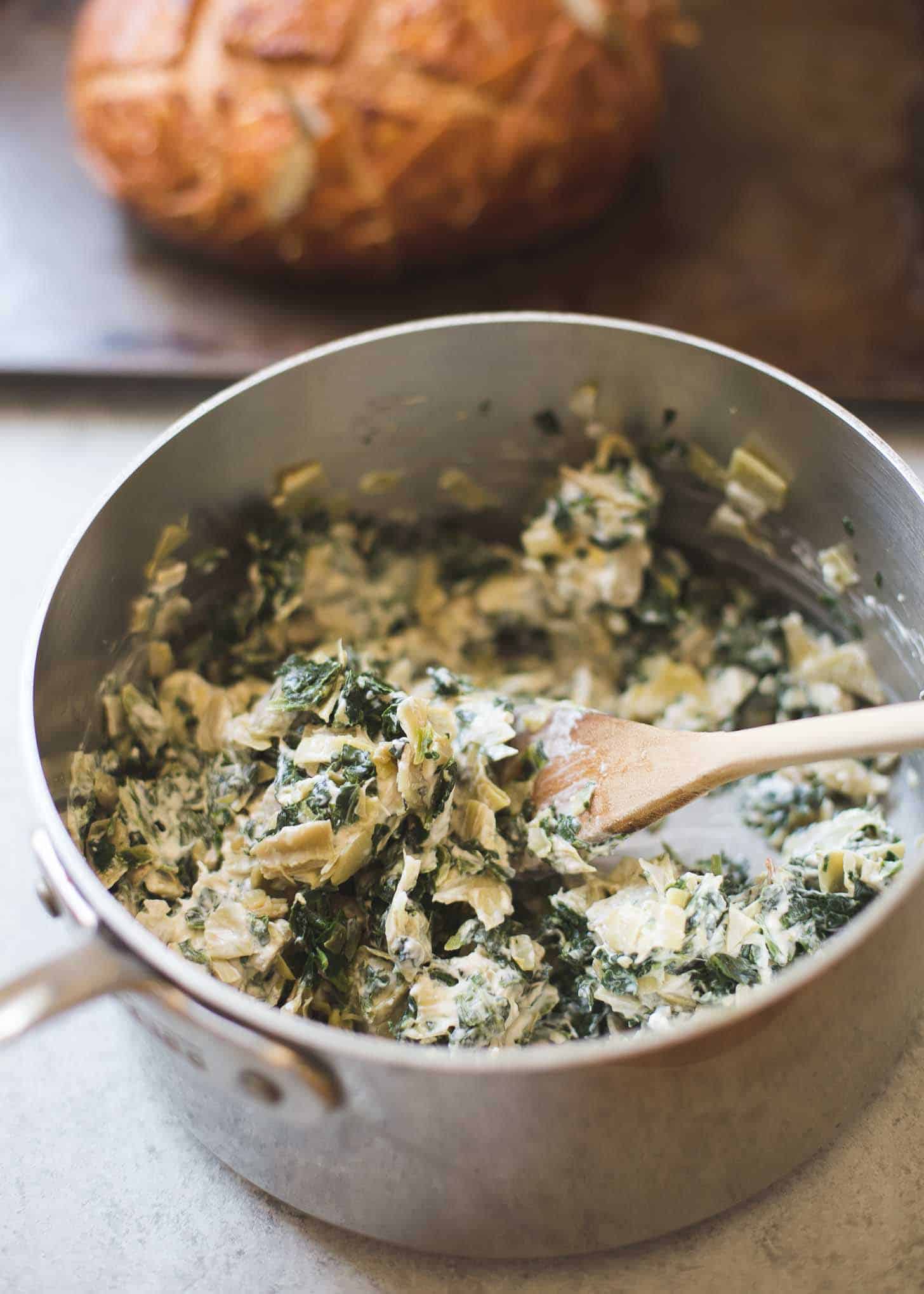 Spinach Artichoke mix in a saucepan