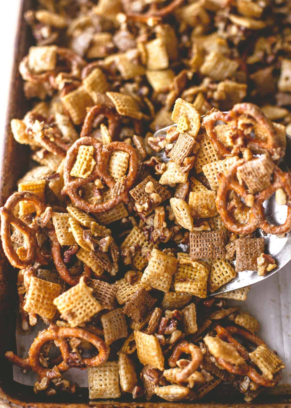 snack mix on a sheet pan