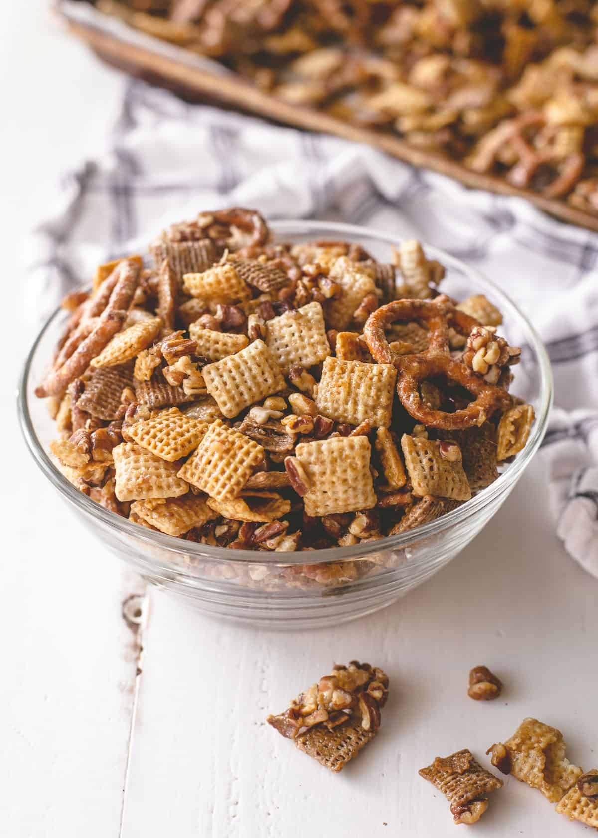 snack mix in a clear glass bowl