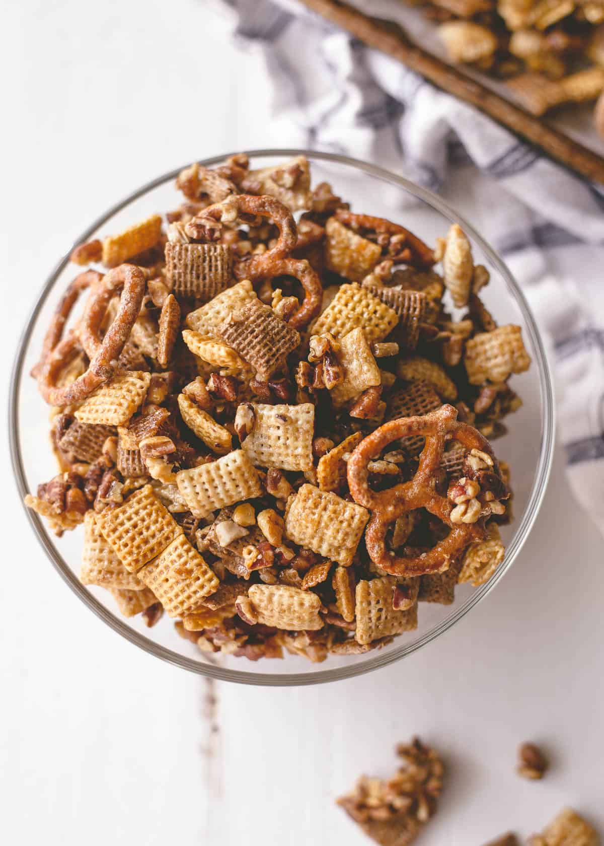 overhead image of snack mix in a clear bowl