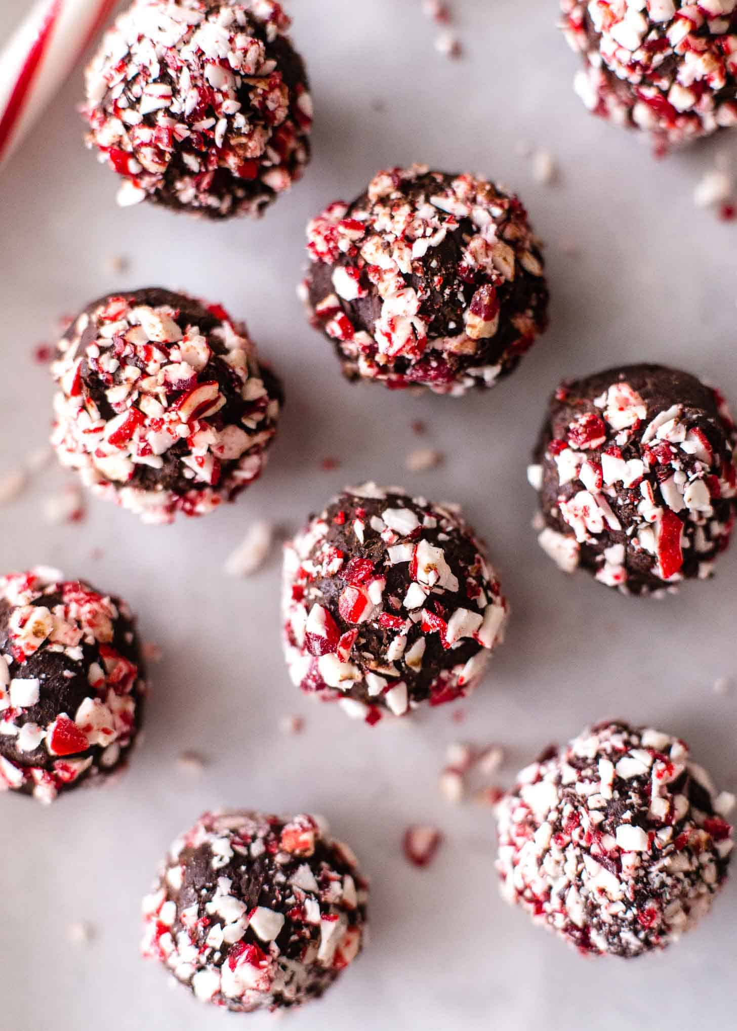 Chocolate Candy Cane Truffle on a sheet of parchment paper