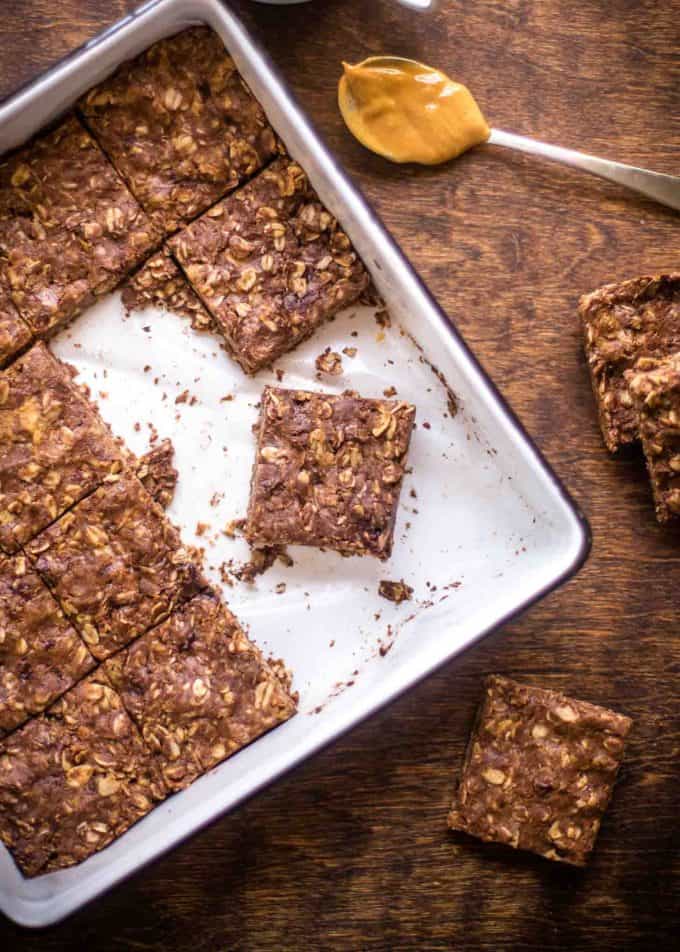 Chocolate Peanut Butter Oat Bars in a baking dish