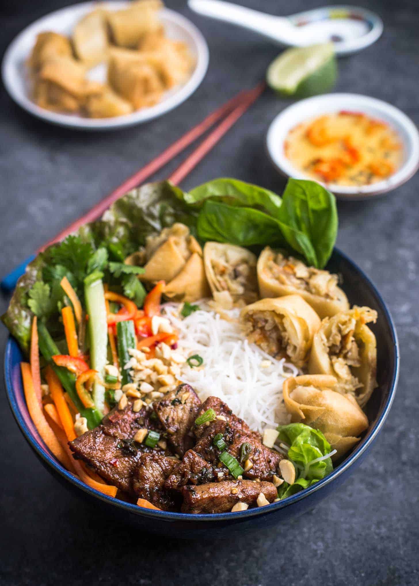 Vietnamese Noodle Bowls on a grey countertop