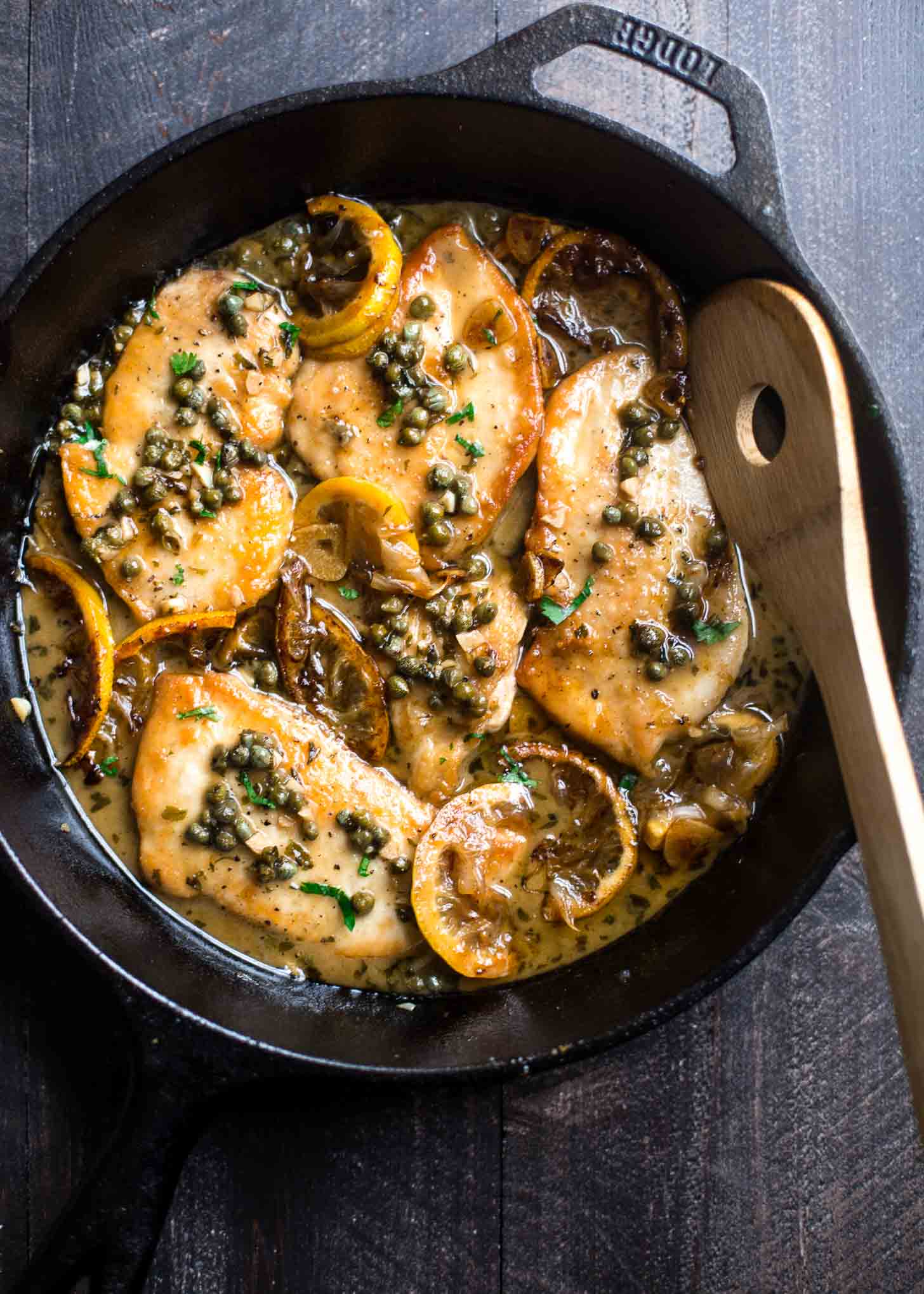 Lemon Chicken Piccata in a cast iron skillet