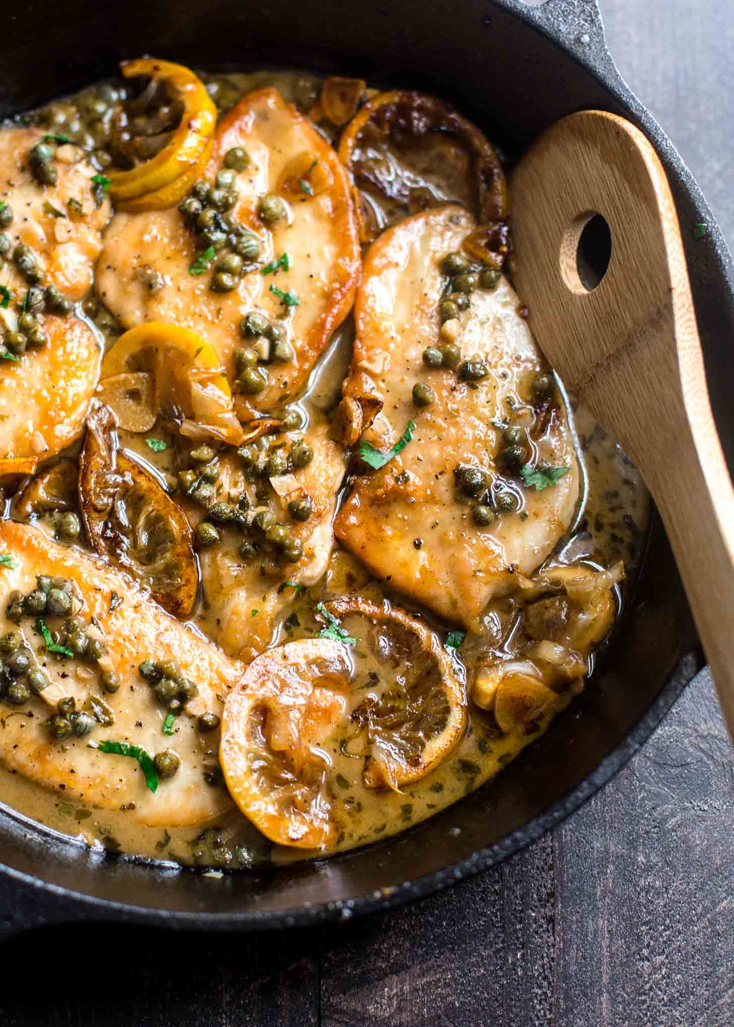 Lemon Chicken Piccata in a cast iron skillet