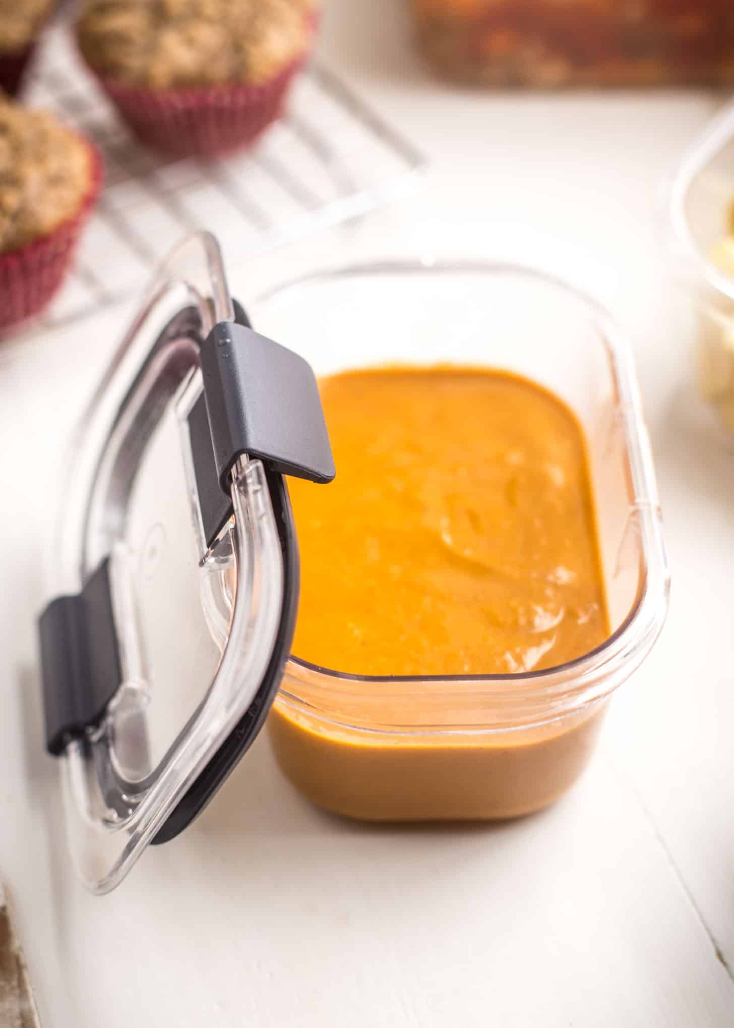 butternut squash soup in a plastic container