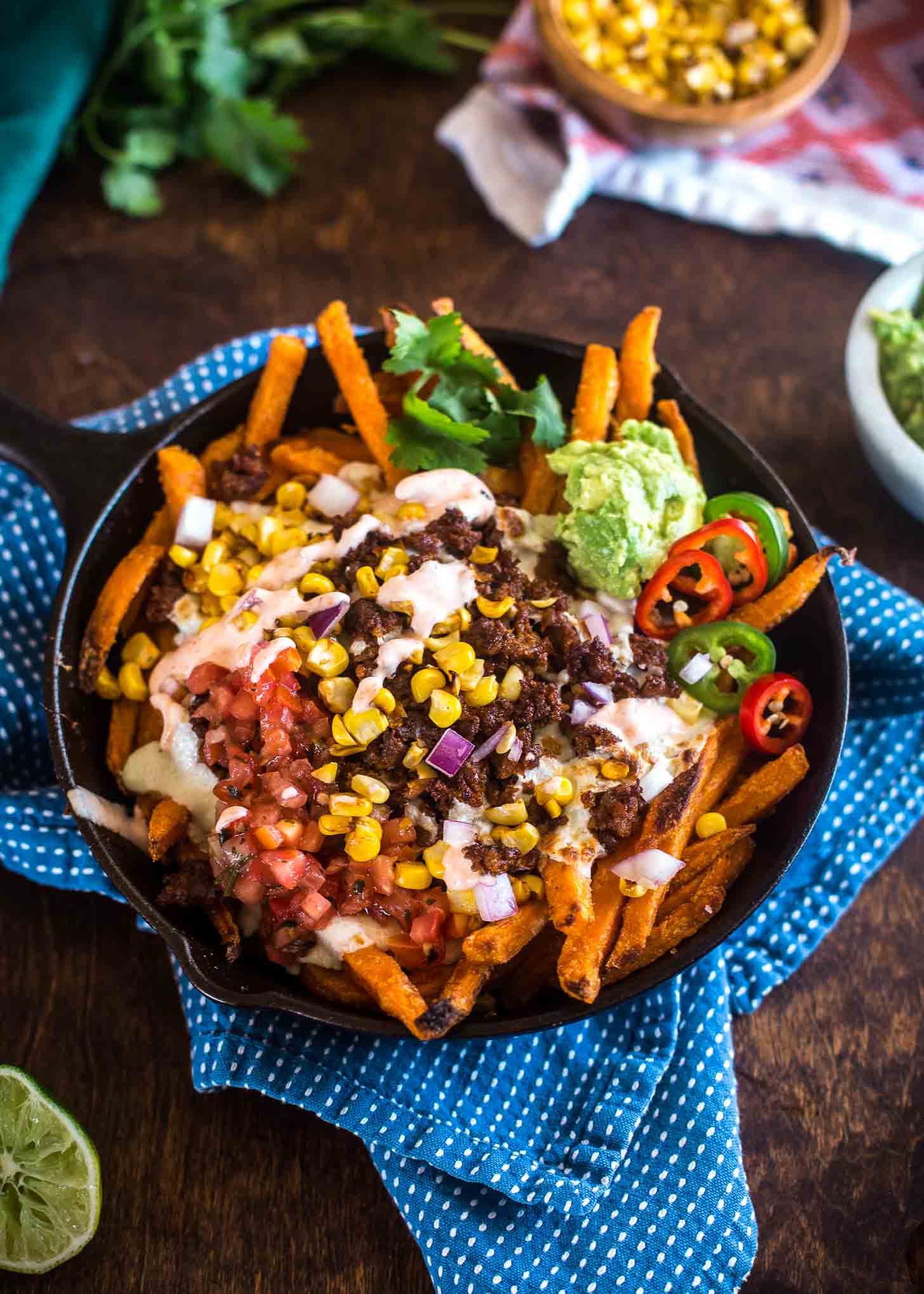 Sweet Potato Fry Nachos in a cast iron skillet