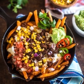 sweet potato nachos in a cast iron skillet