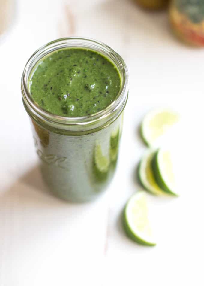 green smoothie in a glass jar