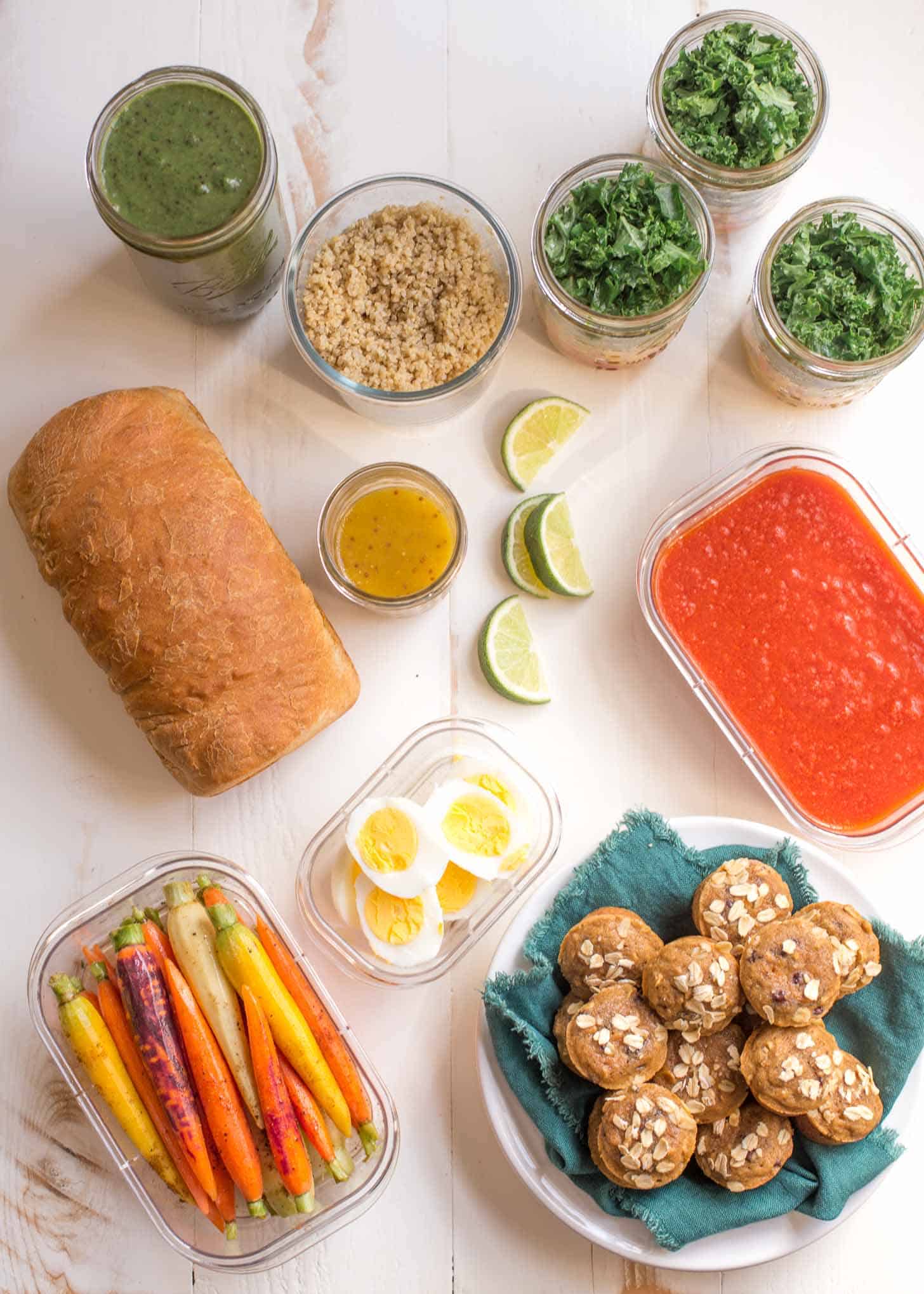 foods prepped on a white table