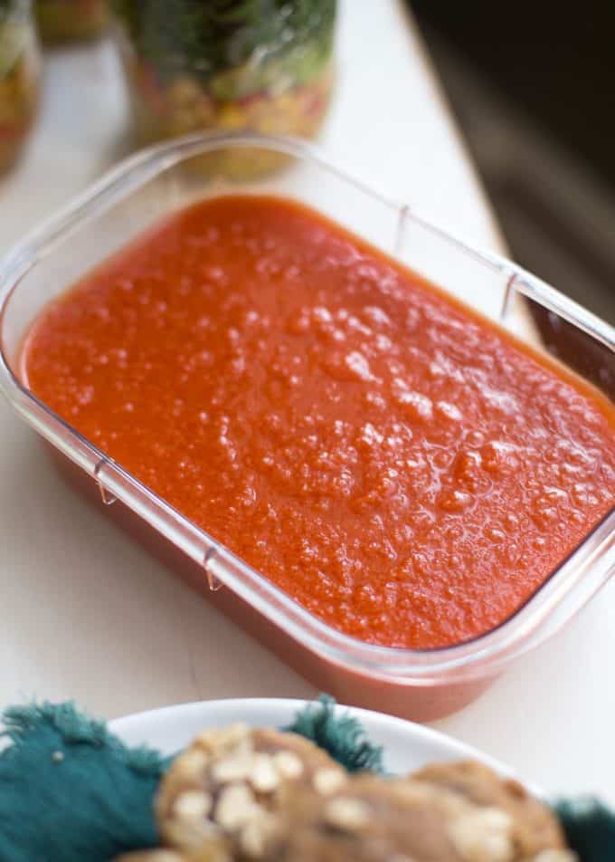 tomato soup in a rectangular container
