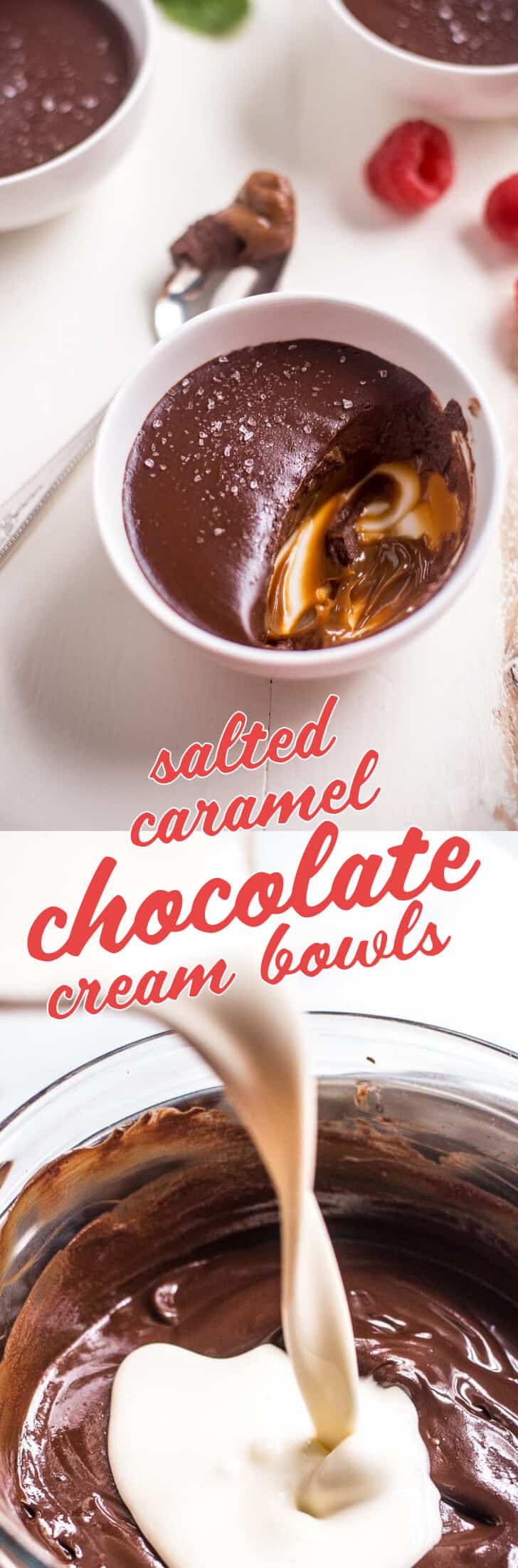 Salted caramel chocolate cream bowls - No Bake Dessert! With just five ingredients and easily made ahead, these rich, creamy, chocolate bowls with a layer of salted caramel in the bottom are a favorite to serve for guests or just have tucked in the fridge for a weeknight treat.