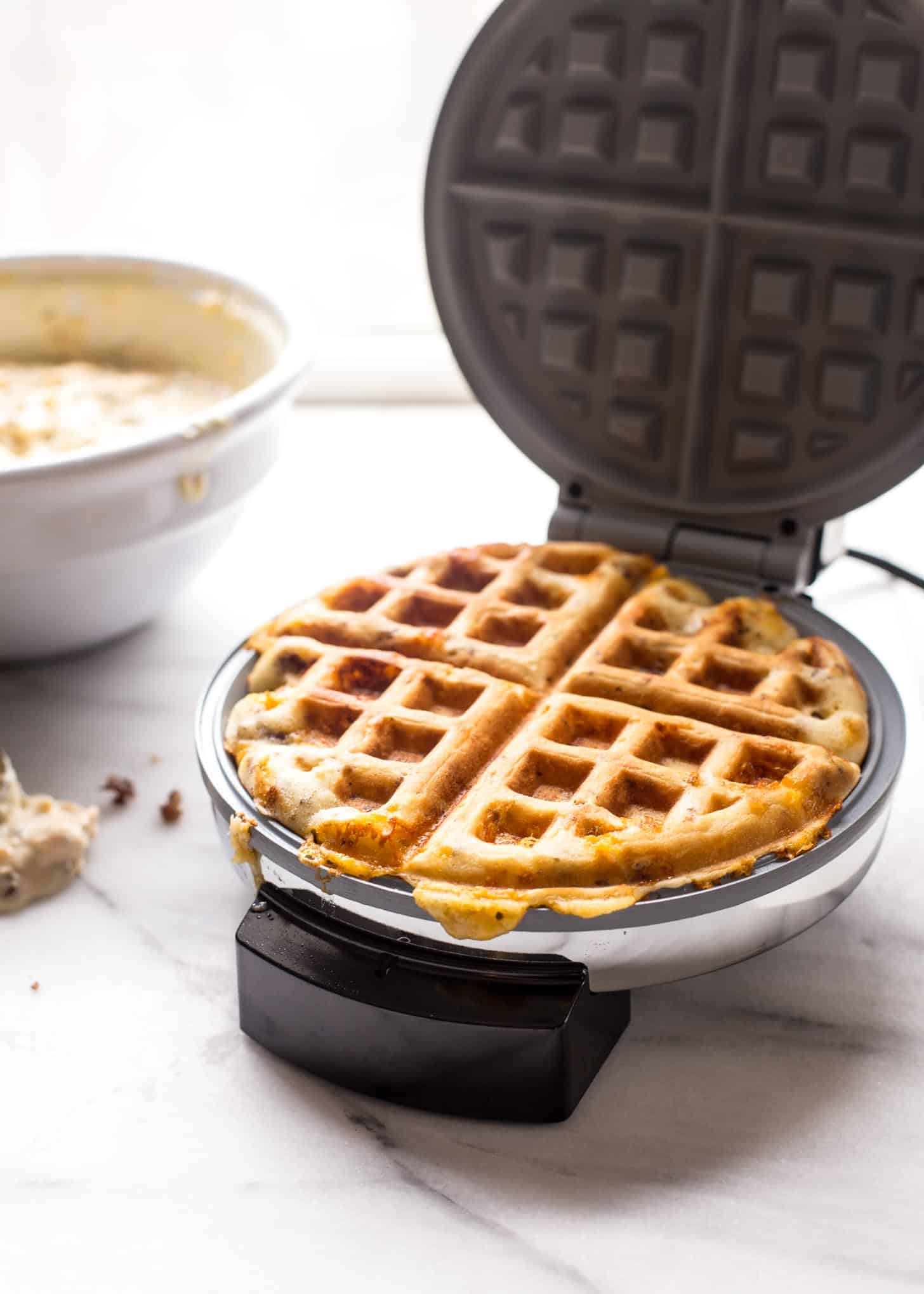 cooking savory waffles in a waffle maker