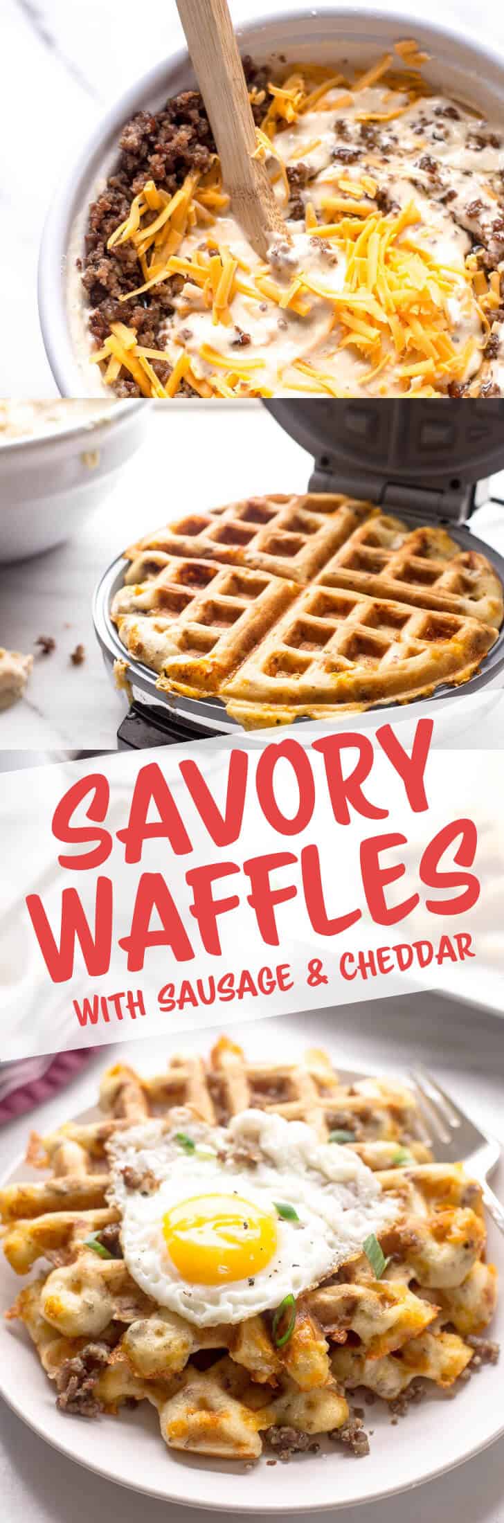 Savory Waffles with Sausage & Cheddar - Give your weekend waffles a make-over by adding savory sausage and cheddar cheese. Drizzled with maple syrup or topped with a fried egg, these waffles are sure to be a new favorite!