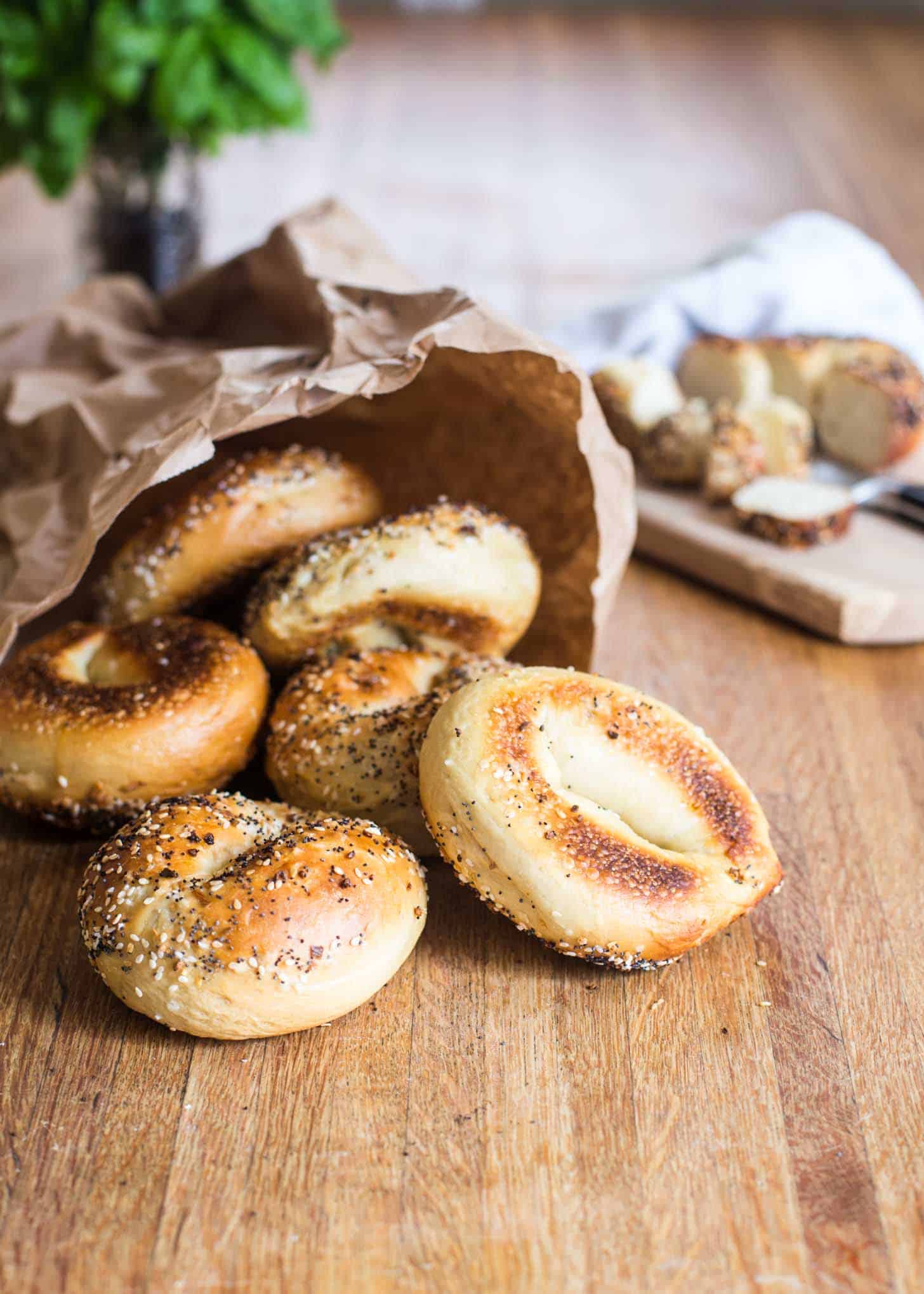 Meshuggah Bagels on a wooden table