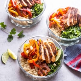 chicken fajita quinoa bowls on a white table