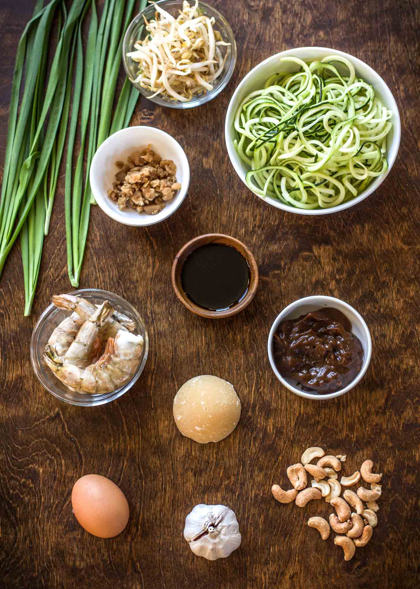 shrimp, zoodles, fish sauce, dried radishes, and cashews