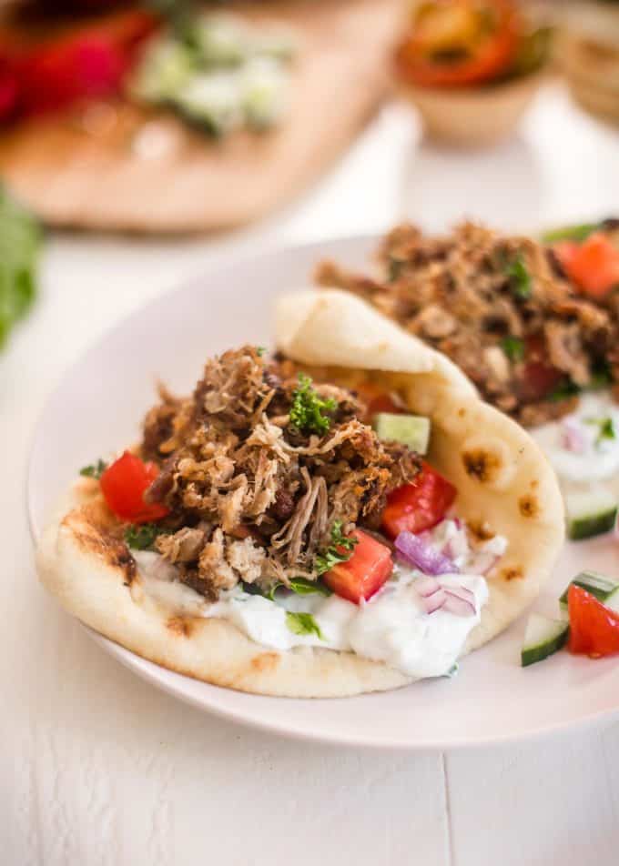 Slow Cooker Pork Gyros on a white plate