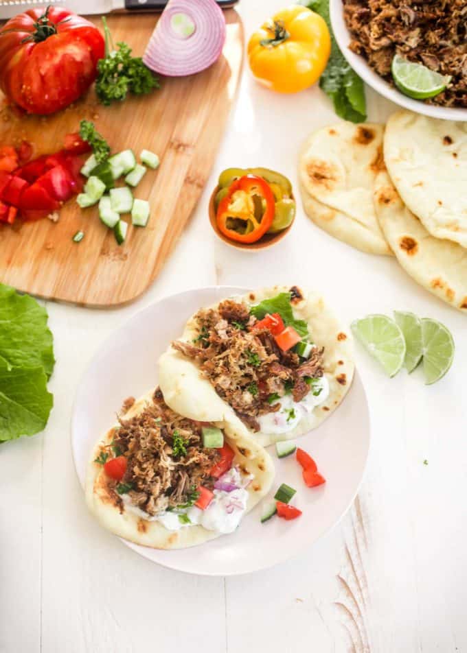 Slow Cooker Pork Gyros on a white plate
