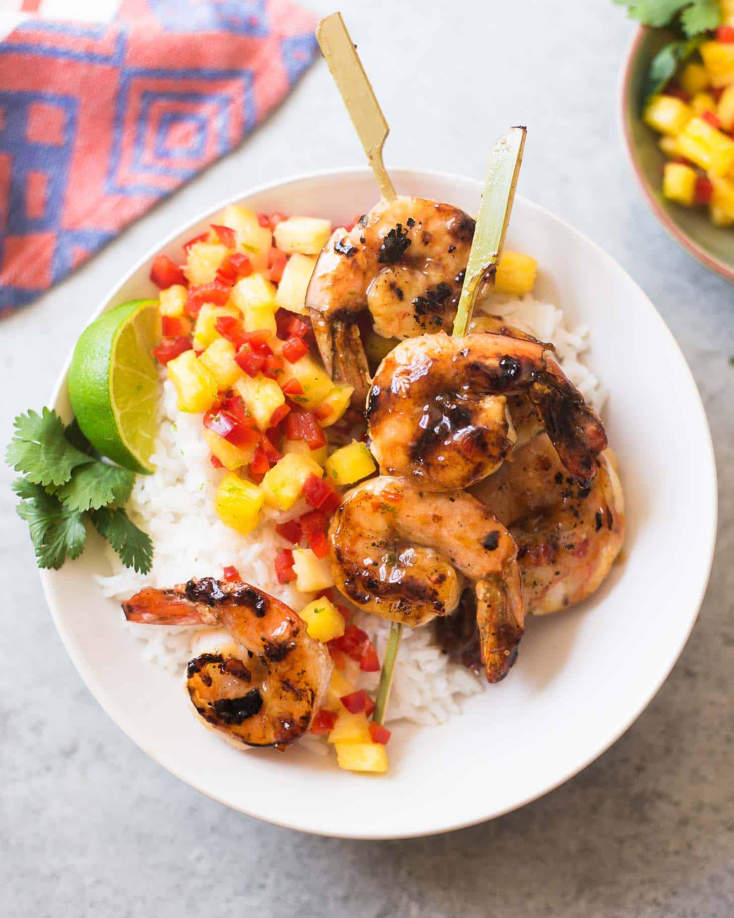Sweet and Spicy Grilled Shrimp with Pineapple Salsa on a bed of rice