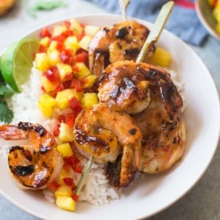 Sweet and Spicy Grilled Shrimp on a bed of rice