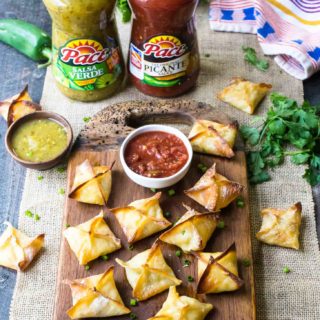 Baked Cheesy Chicken Wontons with red and green salsa