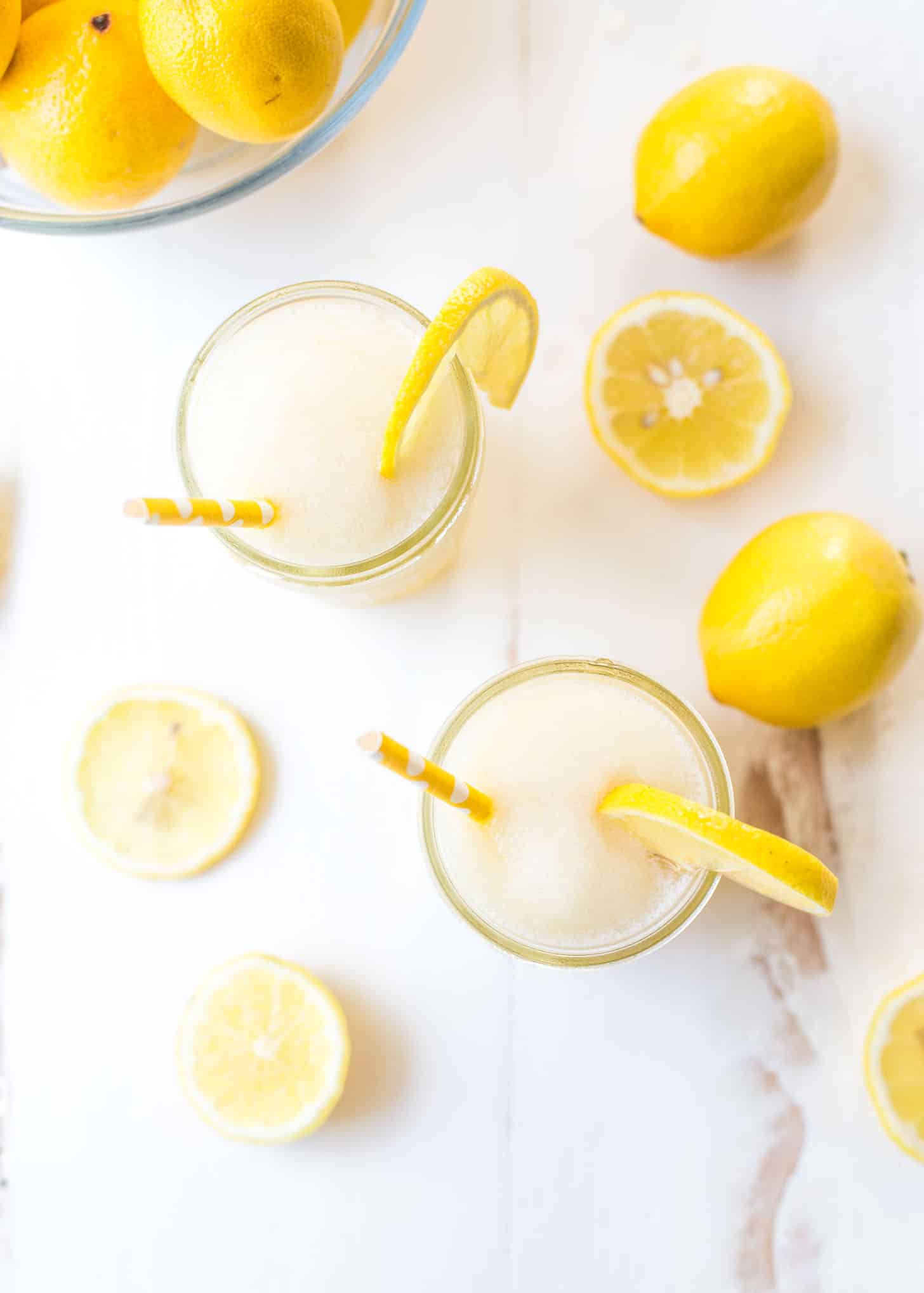 overhead image of Bourbon Lemonade Slush in mason jars