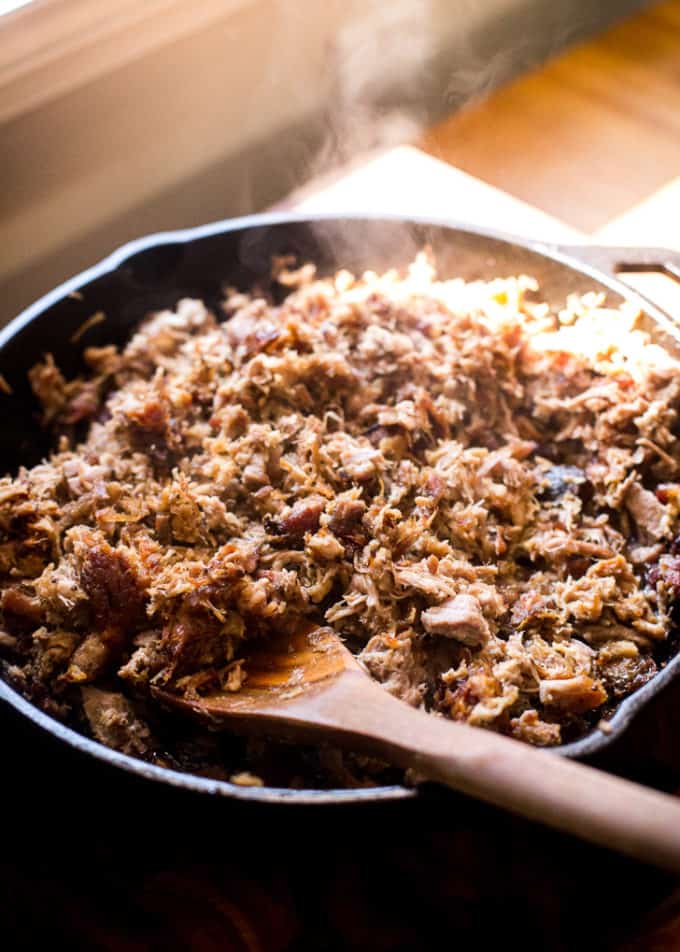 Slow Cooker Crispy Pork in a skillet