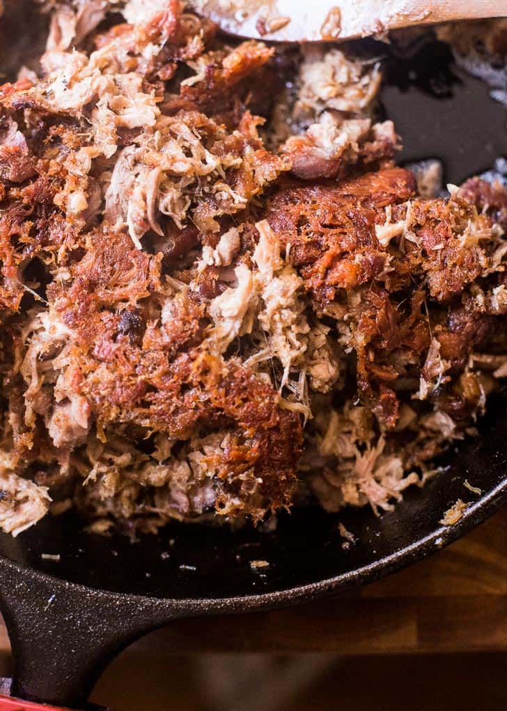 Slow Cooker Crispy Pork in a skillet