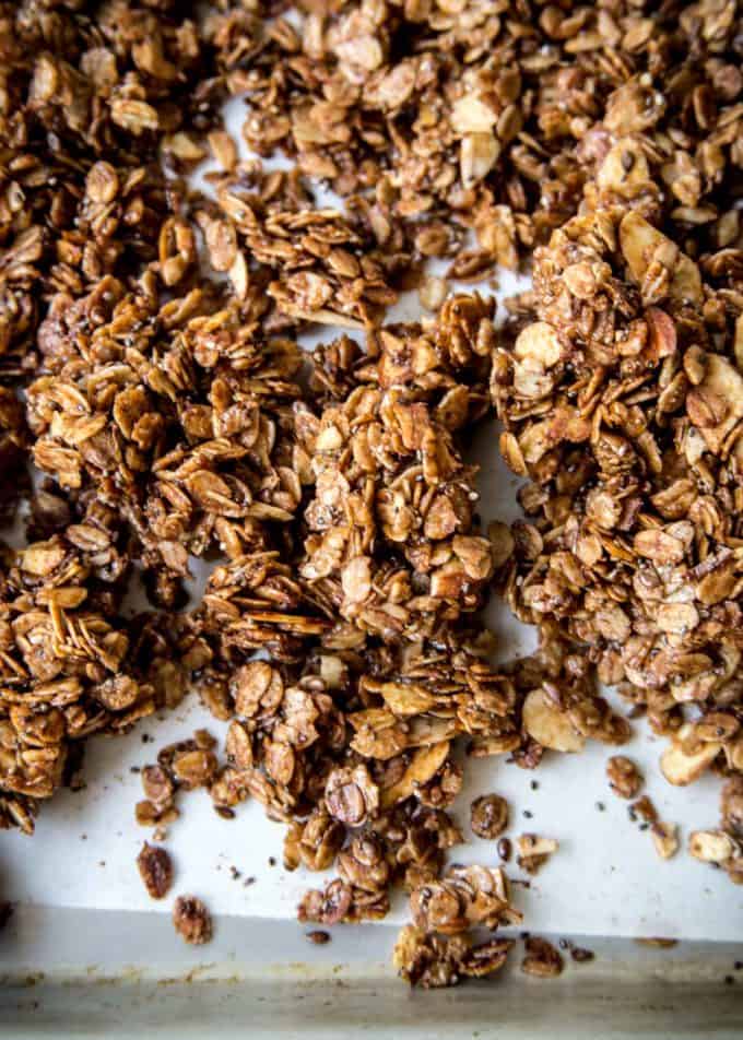 Nutella Granola on a parchment lined sheet pan