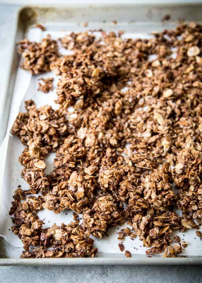Nutella Granola on a parchment lined sheet pan