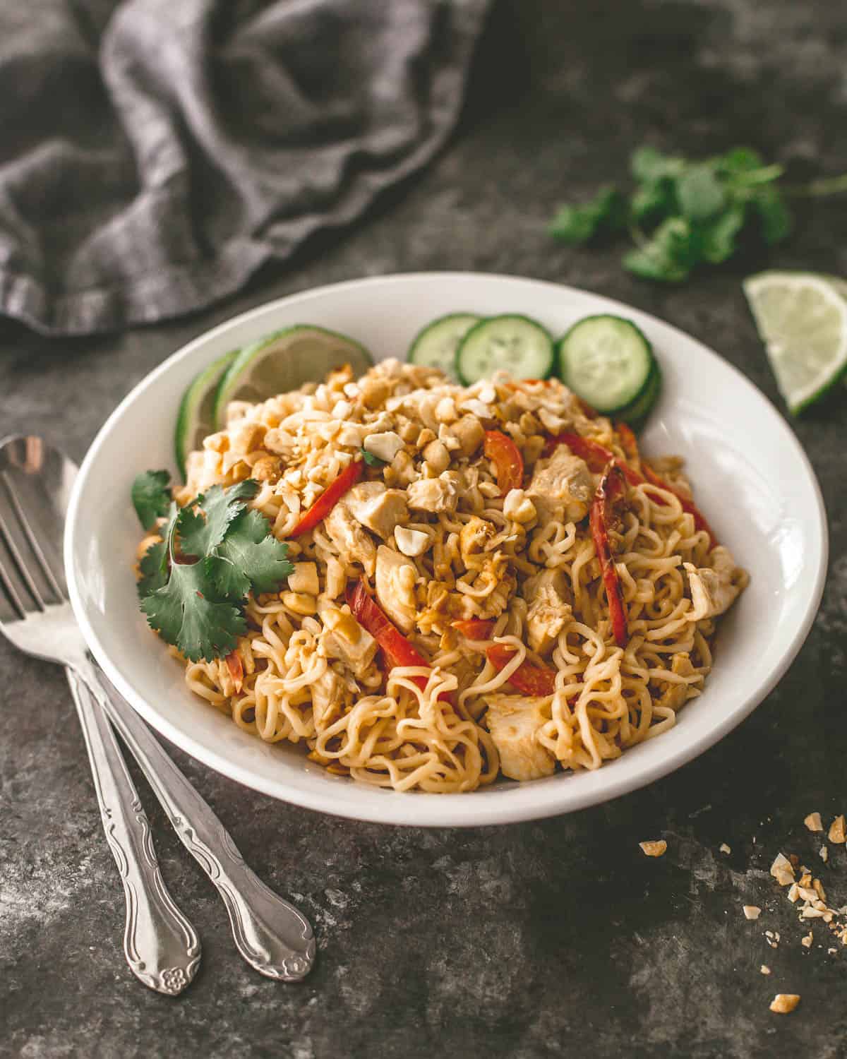 overhead image of thai noodles in a white bowl