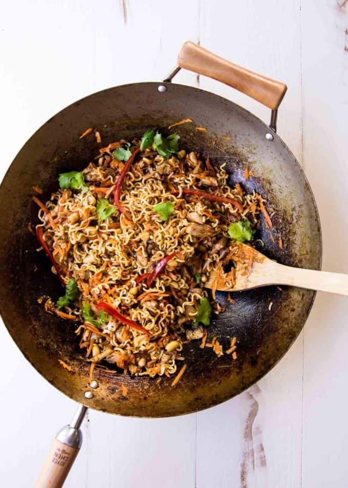 Thai Chicken Peanut Noodles in a wok