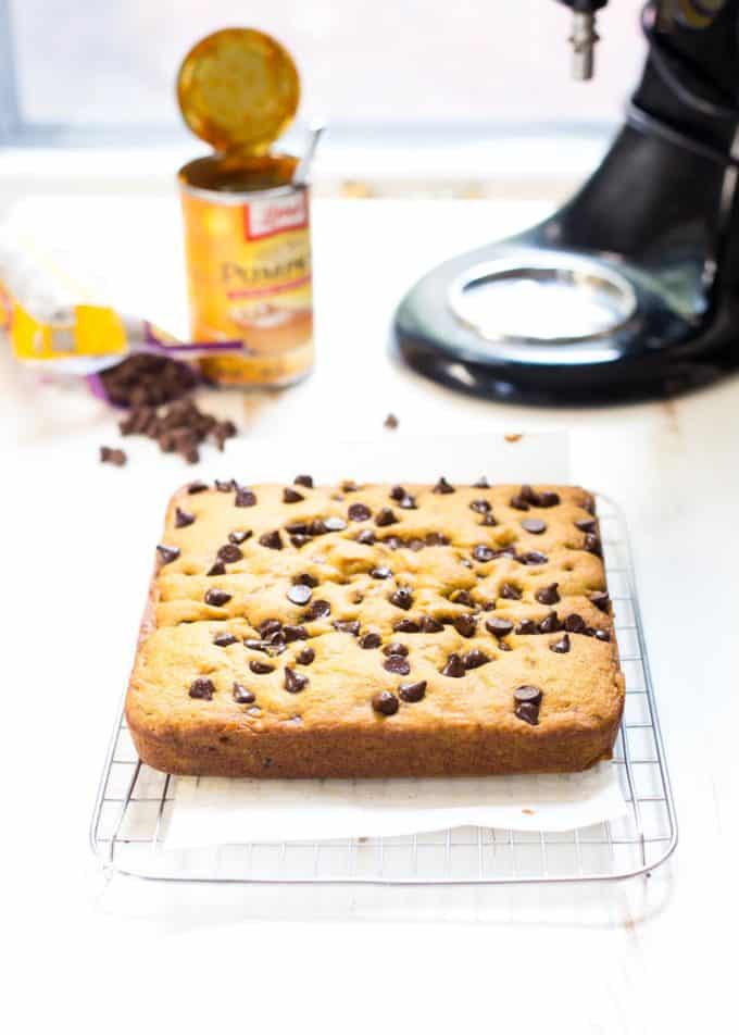 pumpkin chocolate chip snack cake on a wire rack