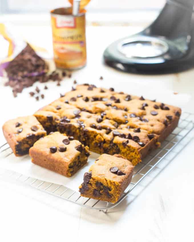 pumpkin chocolate chip snack cake on a wire rack