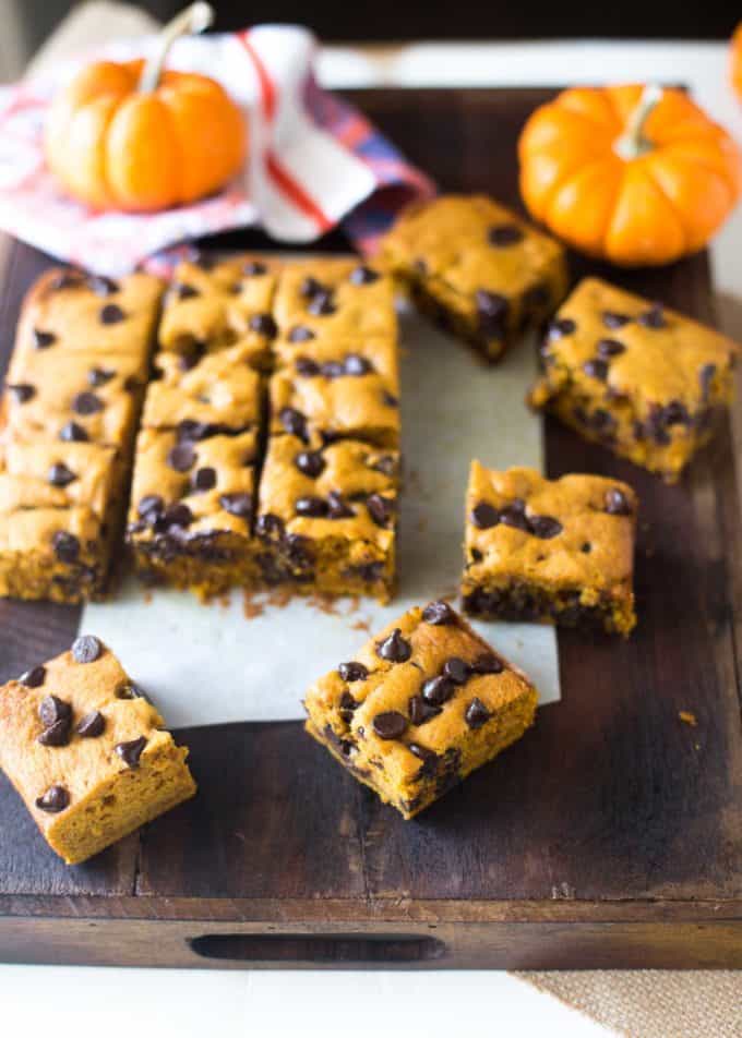 Pumpkin Chocolate Chip Snack Cake on a wooden table
