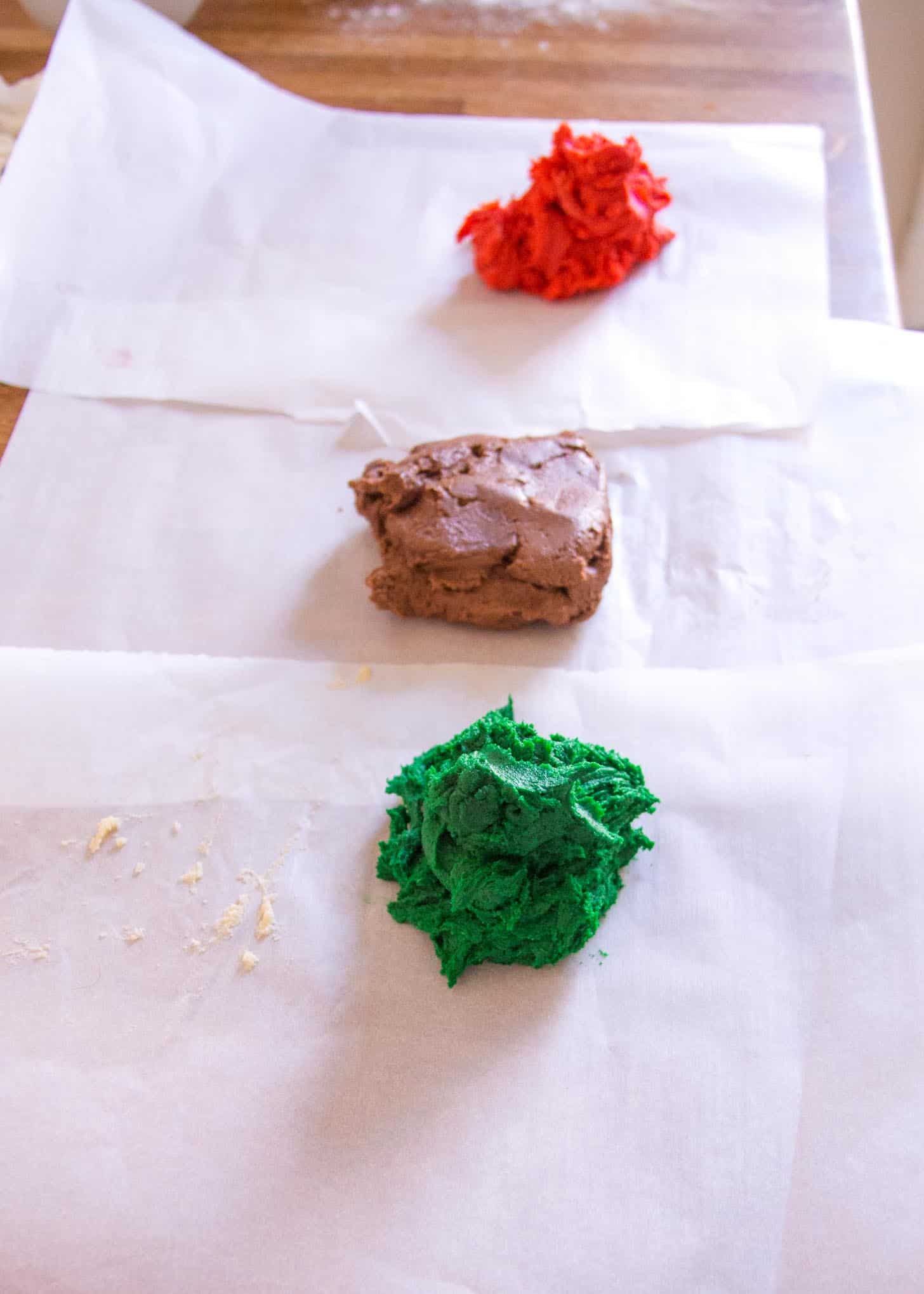 dividing and coloring dough for pinwheel cookies