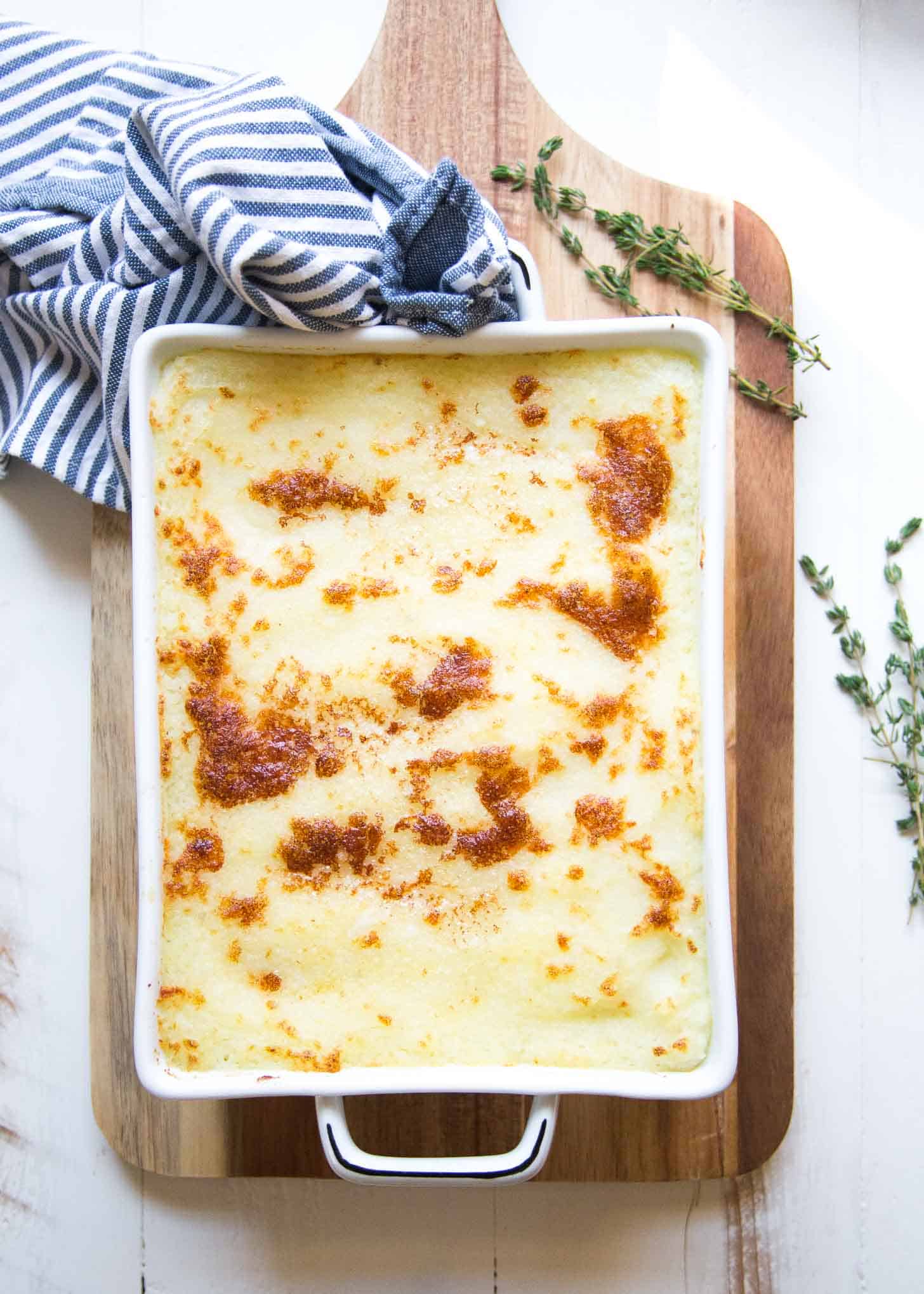 finished Mashed Potatoes in a white baking dish